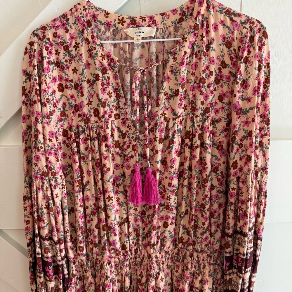 Entro Pink Floral‎ Dress with Tassels Elastic Waist Size Large Feminine Boho